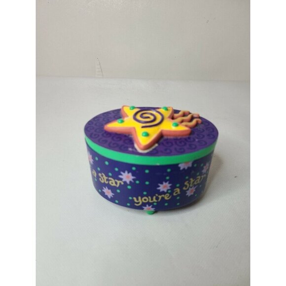 VTG Bright Star Designs Blue Yellow 3D Star Lid Footed Jewelry Trinket Box Retro - Picture 5 of 10